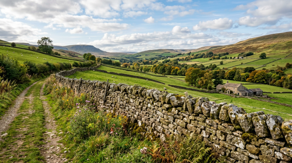 Rolling green fields separated by stone walls with a dirt path on one side under a partly cloudy sky
