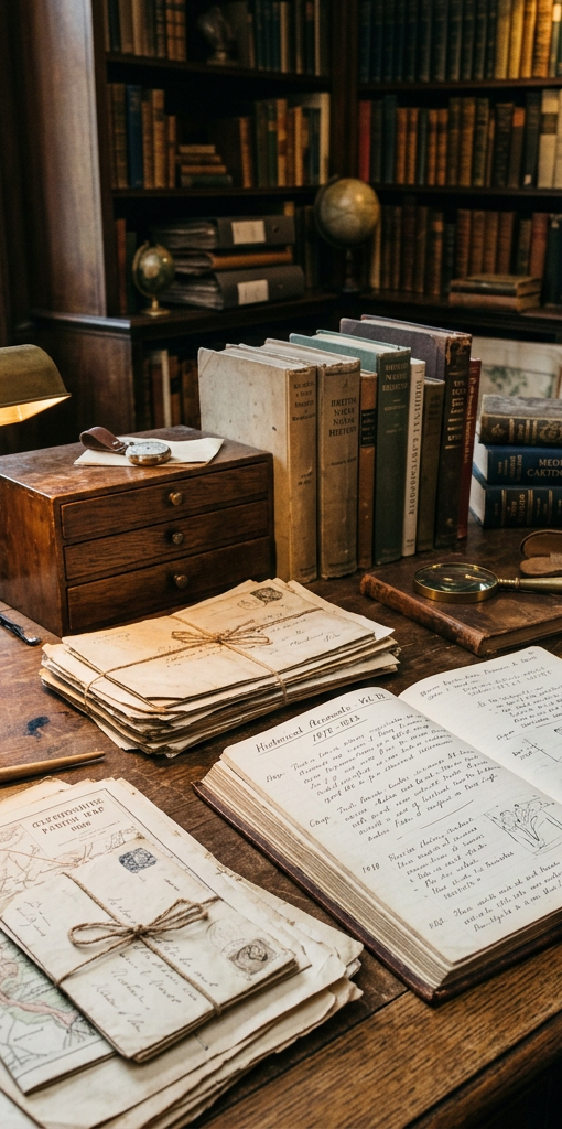 Person writing notes in old handwritten book with vintage books and documents on wooden desk