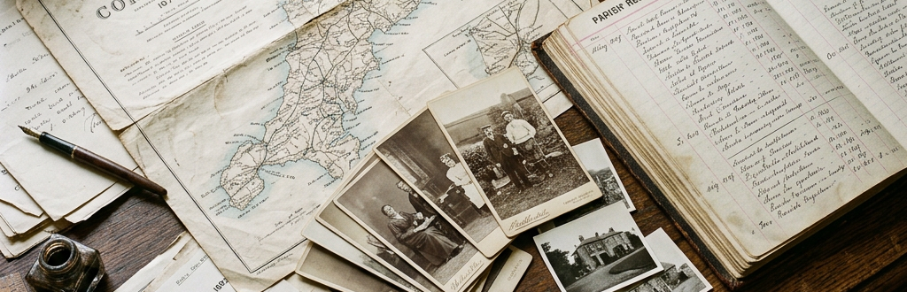 Vintage map of Cornwall, old photographs, certificates of birth, and archival register book on wooden desk