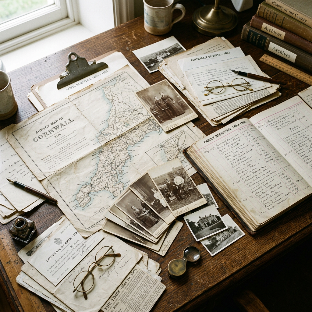 Vintage map of Cornwall, old photographs, certificates of birth, and archival register book on wooden desk